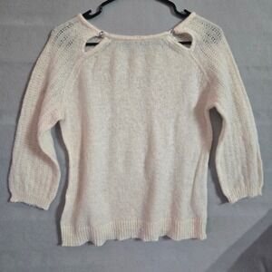 Cream Knit Shoulder Cut Out Sweater Boat Neck Raglan 3/4 Sleeve Ivory Pullover